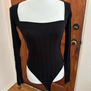Free People Black Ribbed Long Sleeve Bodysuit